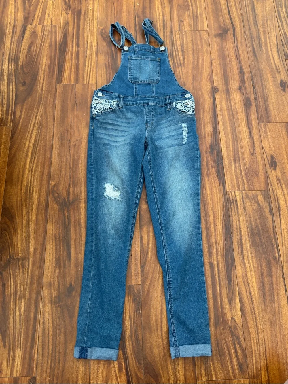 Justice Denim Lace Overalls Pockets Snap Button sides adjustable straps Youth 12